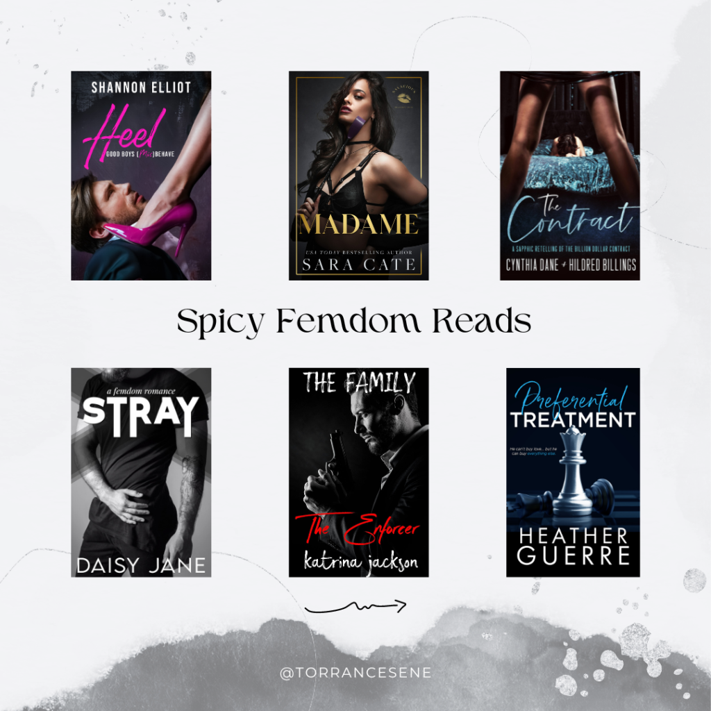 A grid layout displaying the spicy femdom romances by Shannon Elliot, Sara Cate, Cynthia Dane, Daisy Jane, Katrina Jackson, and Heather Guerre.