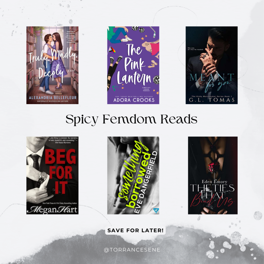 A grid layout displaying the spicy femdom romances by Alexandria Bellefleur, Adora Crooks, G.L. Tomas, Megan Hart, Eve Dangerfield, and Eden Emory.