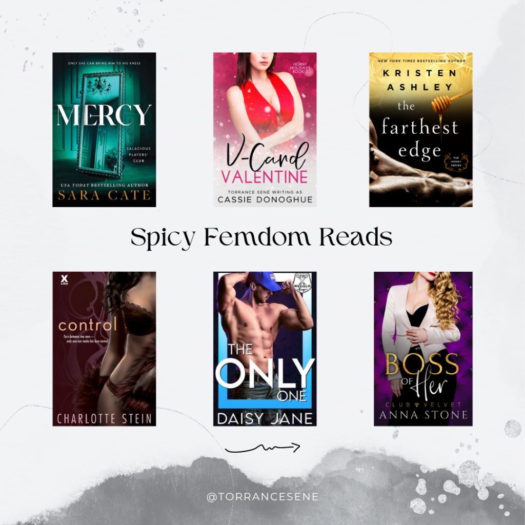 A grid layout displaying the spicy femdom romances by Sara Cate, Cassie Donoghue, Kristen Ashley, Charlotte Stein, Daisy Jane, and Anna Stone.