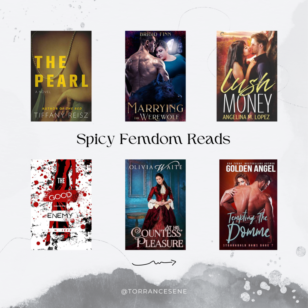 A grid layout displaying the spicy femdom romances by Tiffany Reisz, Brigid Finn, Angelina M. Lopez, S.N. Jeff, Olivia Waite, and Golden Angel.