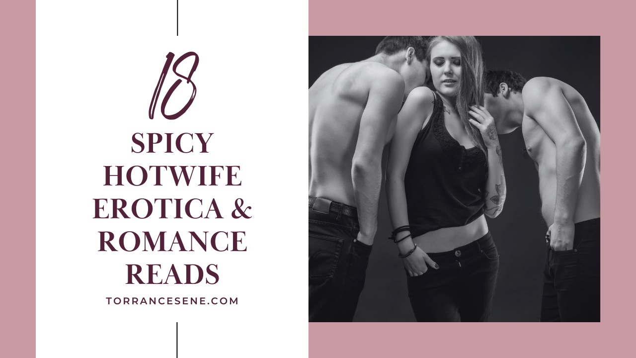 Featured images that reads "18 Spicy Hotwife Erotica & Romance Reads" and has a photo of two men kissing the shoulders of a woman beside it.